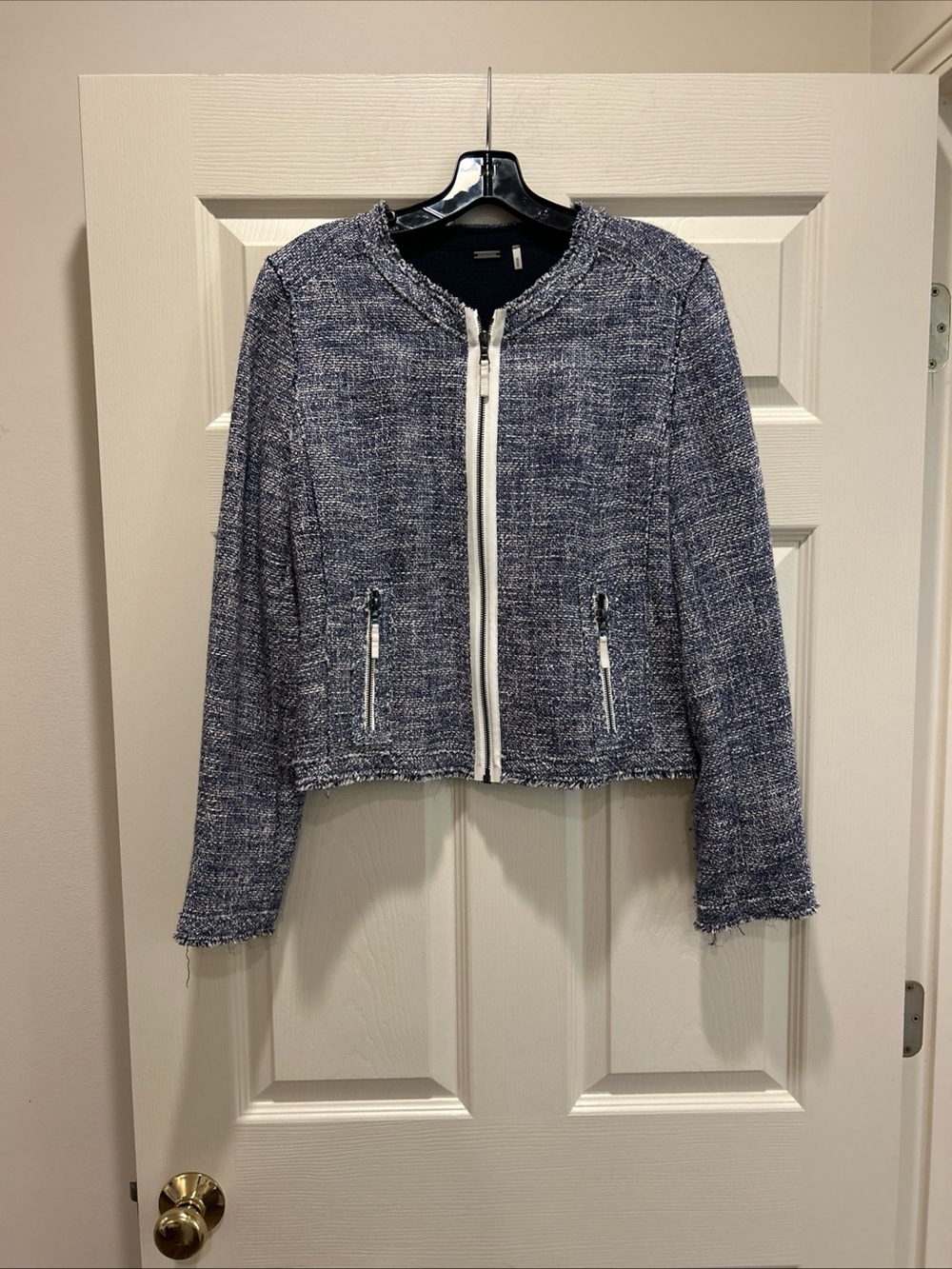Elie Tahari Blue Tweed Zip-Front Blazer